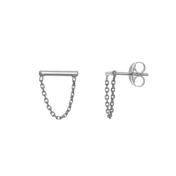 Diamond Bar Chain Stud 14K Solid Gold Earring: Dainty Pavé  14K Rose solid Gold Bar Drape Chain Stud Earring